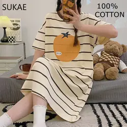 100% COTTON! SUKAE Women Cartoon Nightgown Summer Short Sleeves Sleepshirt Anti-bacterial HQ Nightdress Korean Chic Girls Dress