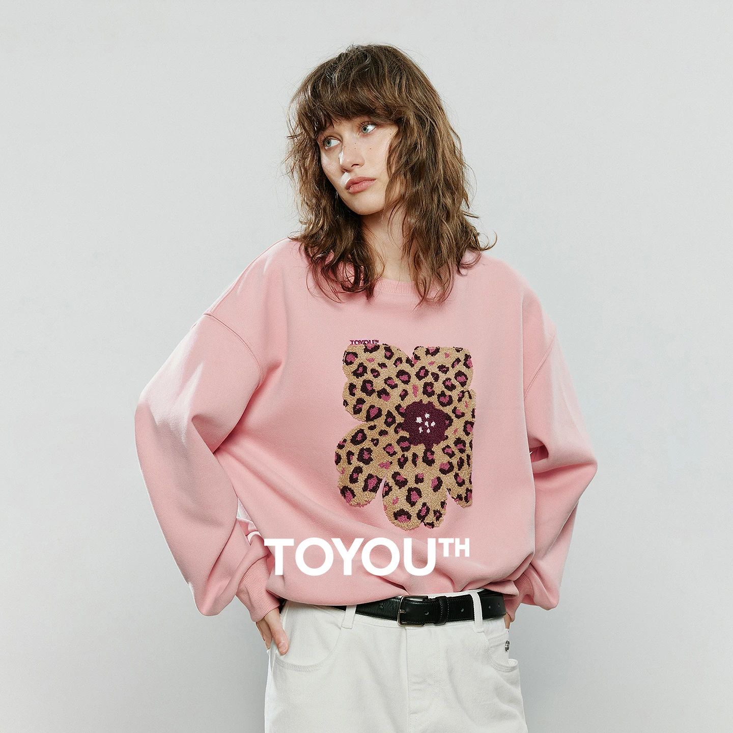 TOYOUTH Women Hoodies Sweatshirt 2025 Winter New Warm Leopard Print Appliqué Flower Tops