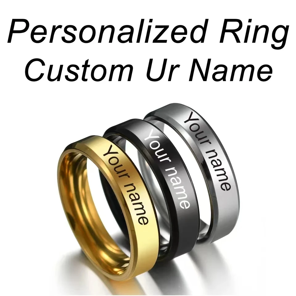 Personalized Engraved Your Name Text Logo Signature Men's Women's Wedding Unisex Man's Lady's Stainless Steel Customized Rings