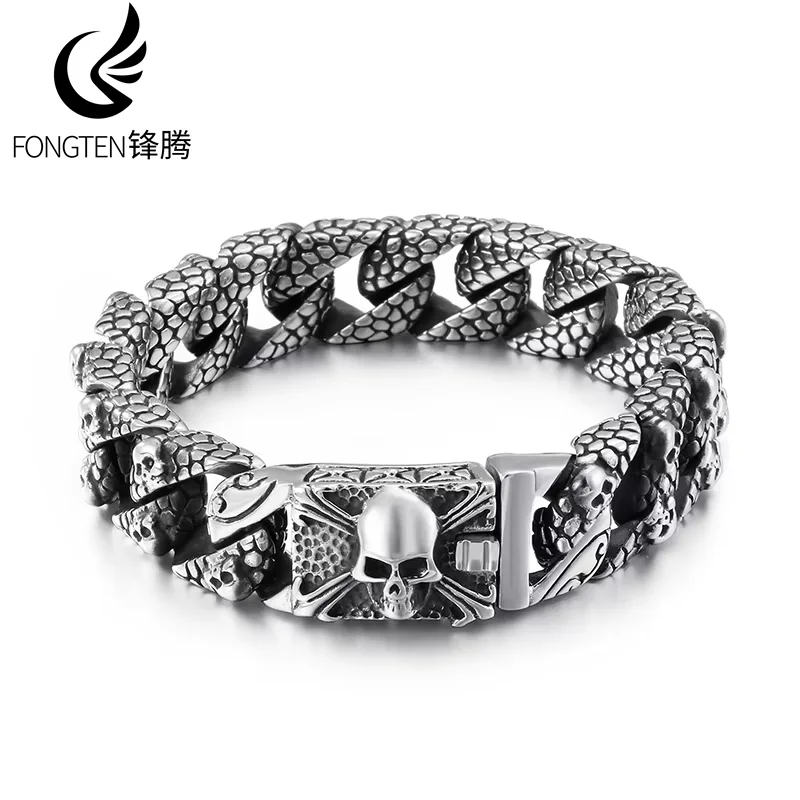 Fongten Gothic Mens Bracelets Stainless Steel Skull Franco Curb Chain Bracelet For Men Multiple Color Skeleton Armband Jewelry