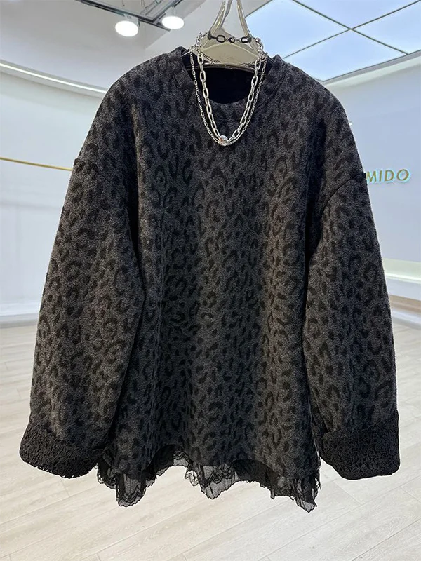 

Женский зимний свитшот больших размеров с круглым вырезом, свободного кроя, на флисовой подкладке, с кружевными вставками и леопардовым принтом, 2025