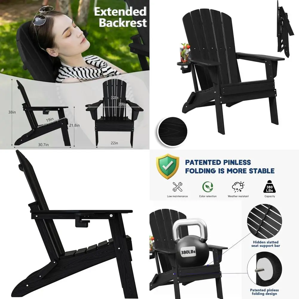 Weather-Resistant HDPE Adirondack Chair with Cup Holder, SGS Certified, Wooden Texture, Comfortable for Outdoor Use in Black