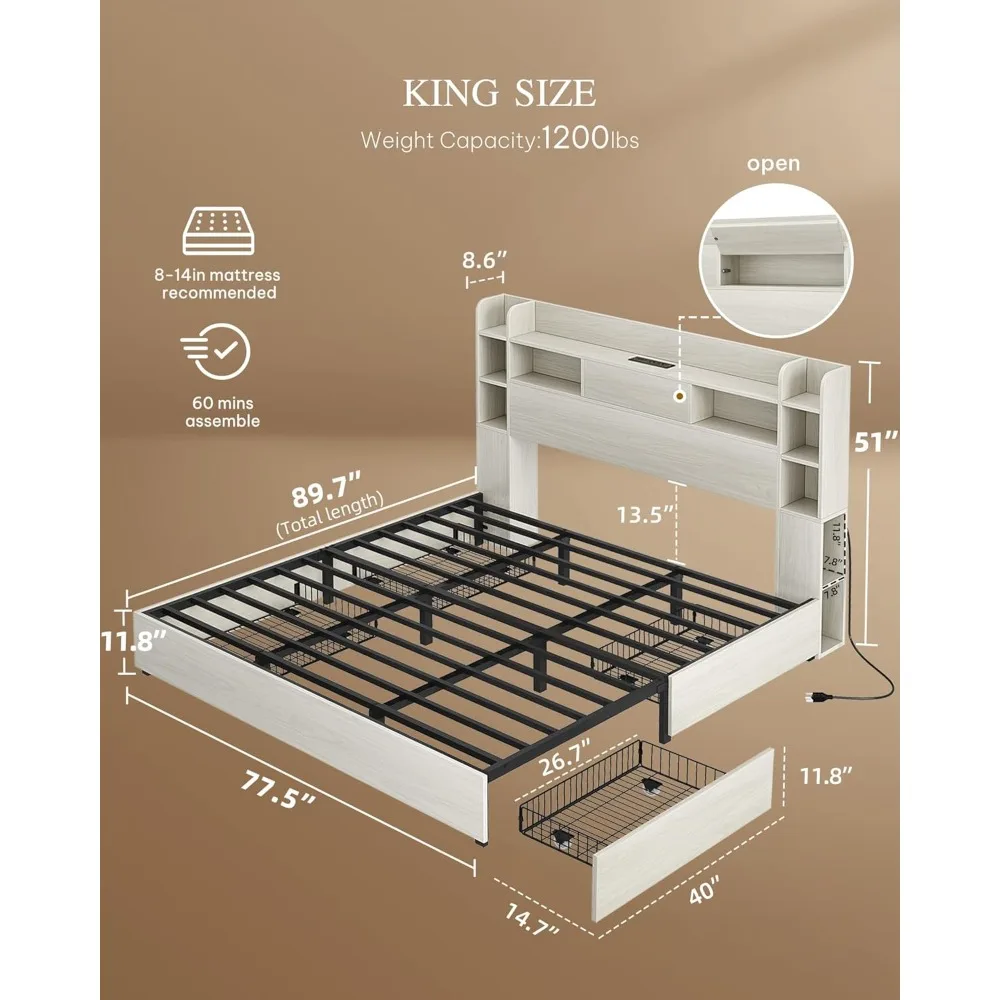 King Bed Frame with Bookcase Headboard and 4 Storage Drawers, RGB LED Bed Frame with Type-C & USB Charging Station Storage
