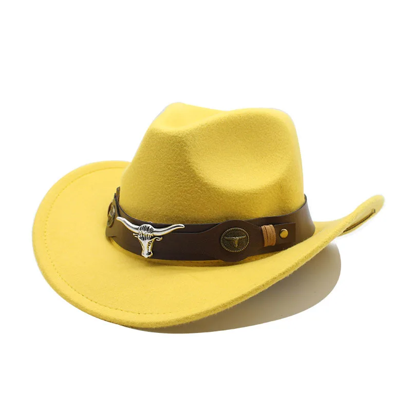

Parent-child Felt Western Cowboy Hat Ox Head Accessories with Cow Band Top Hat Ethnic Style Soft Roll Brim Cowgirl Fedoras Cap