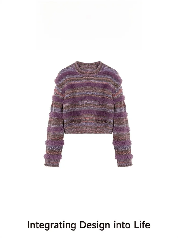 

Оригинальный дизайн: фиолетовый вязаный свитер для женщин с рваными краями, повседневный, с длинными рукавами, круглым вырезом, весенний модный топ