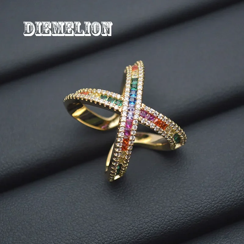 Luxuriöse große Kreuz-X-Form-Fingerringe für Frauen, voll gepflastert, schillernder Regenbogen-Zirkonia, goldfarben, verstellbar, edler Schmuck