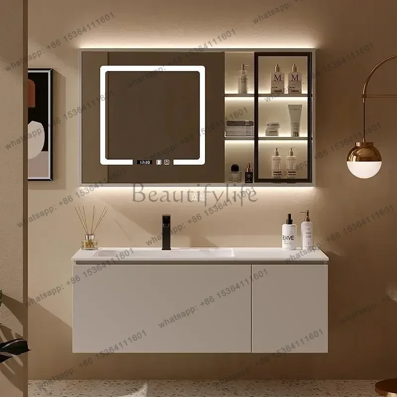 LDModern Bathroom Vanity with Nano Slate Basin Combination Smart Mirror Cabinet Lacquered Slate Seamless Integrated