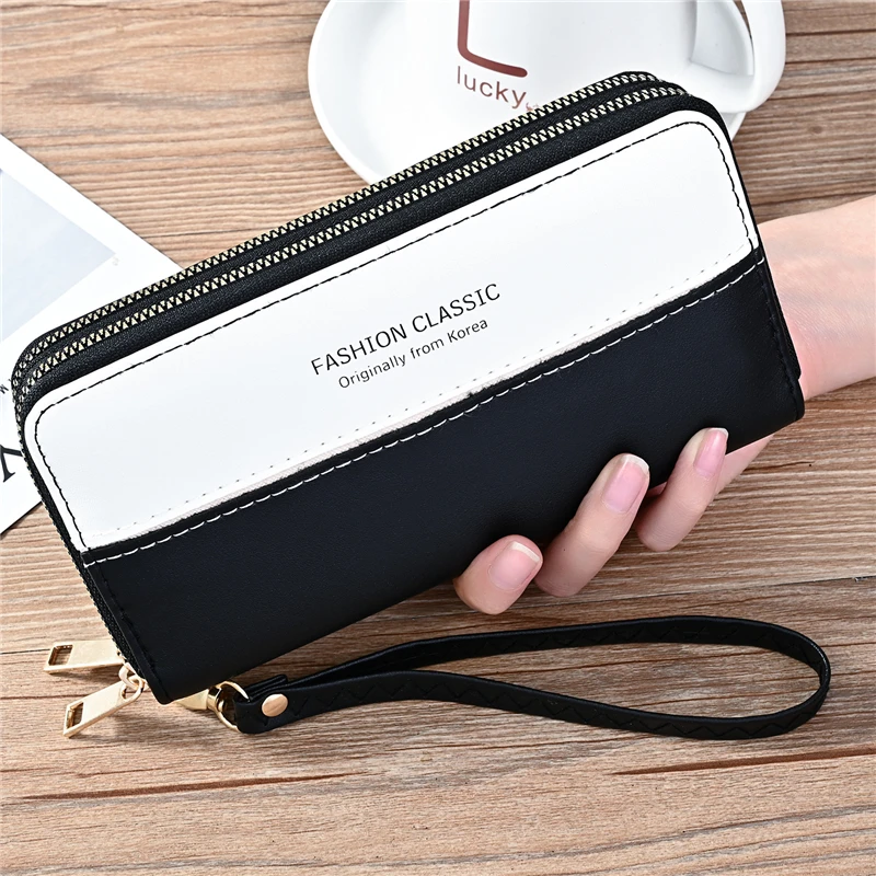 Women's Long Splicing Wallet Money Clip Double Zipper Clutch Large Capacity Card Holder Female Coin Cash Bag Wristband Purse