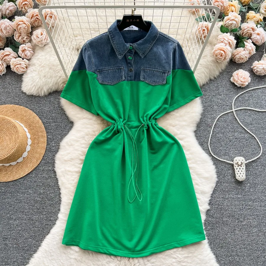 

【New style】Design fake two-piece temperament dress for women's new denim Polo collar contrast color splicing sweater skirt