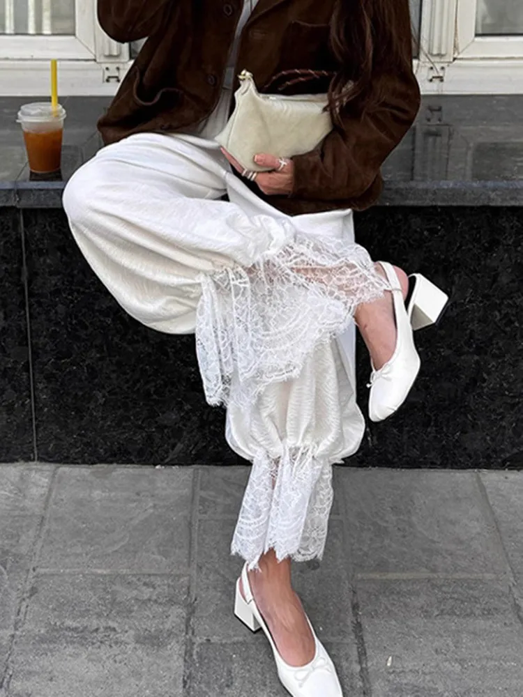 

BKLD 2025 Autumn Women Clothing Fashion Hollow Out Lace Edge Elastic Band Casual Loose Ruched High Waist Haren Pants White