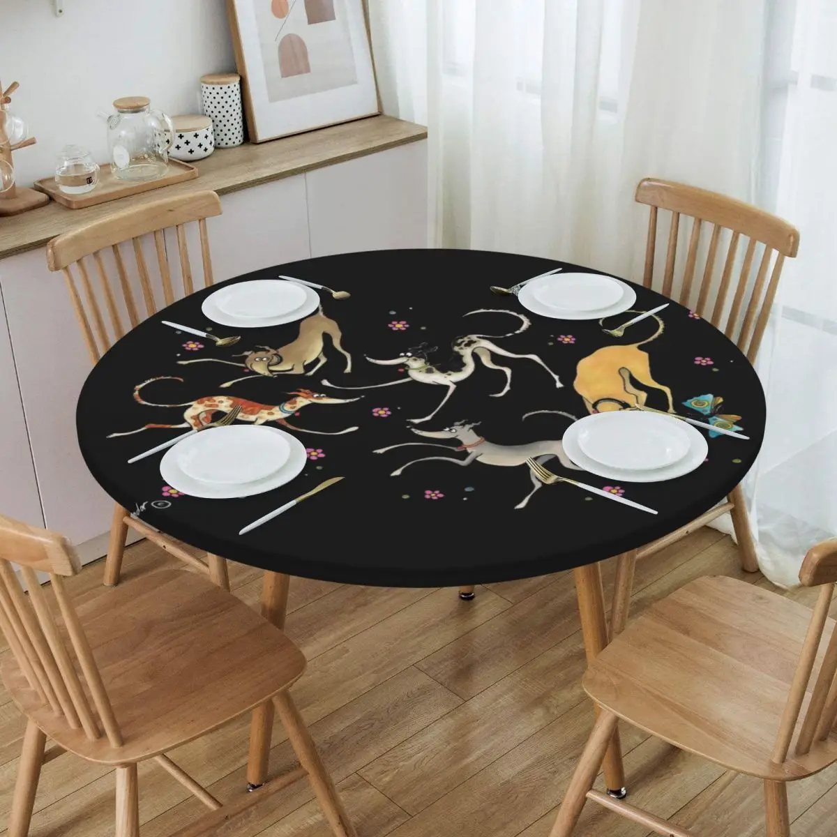 Waterproof Greyhounds Lurcher Table Cover Elastic Fitted Whippet Sighthound Dog Table Cloth Backed Edge Tablecloth for Picnic