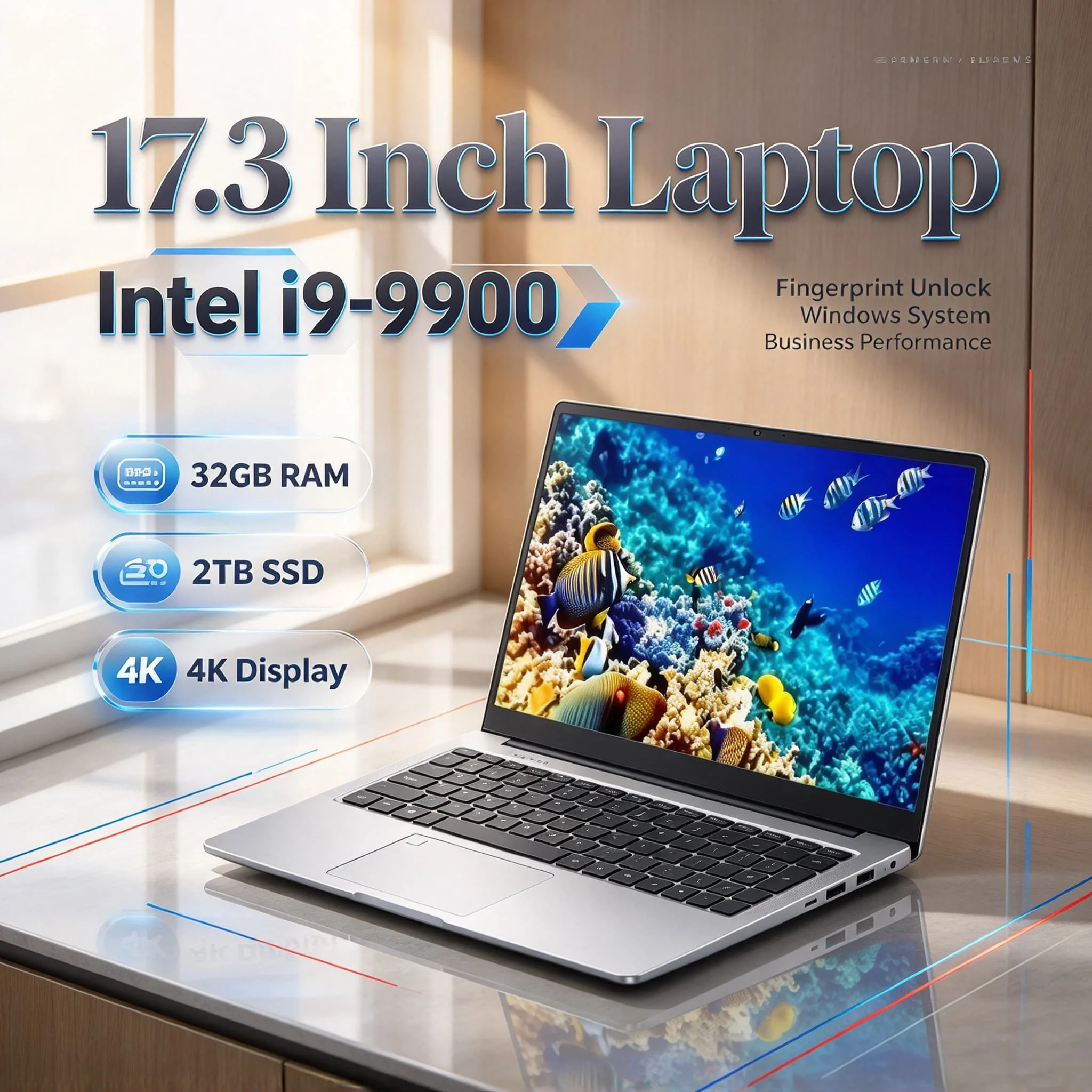 17.3 Inch Intel Core i9 9900 Laptop 32GB RAM 2TB SSD Fingerprint Unlock Full HD Screen High Performance Gaming Work Pro