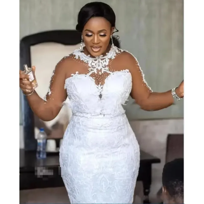 

Customized Mermaid Wedding Dresses Long Sleeve O-neck Skin Mesh Diamond Wedding Dress Sexy Slim Fishtail Wedding Gown 2024