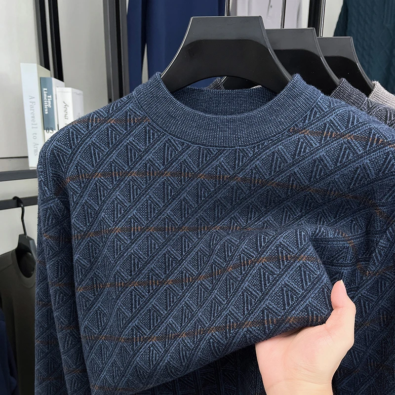 Men's Knitted Sweater Long Sleeve Crew Neck Geometric Pattern Thickened Soft Warm Autumn Winter Classic Fashion Casual Mens Wear