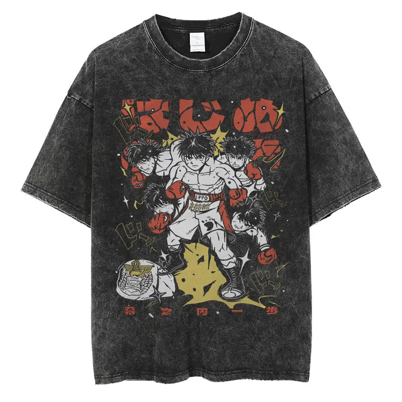 Anime Hajime No Ippo Washed Vintage T-shirt Kamogawa Boxing Gym Harajuku T-shirts Makunouchi Takamura KGB Loose Cotton T Shirt image 6