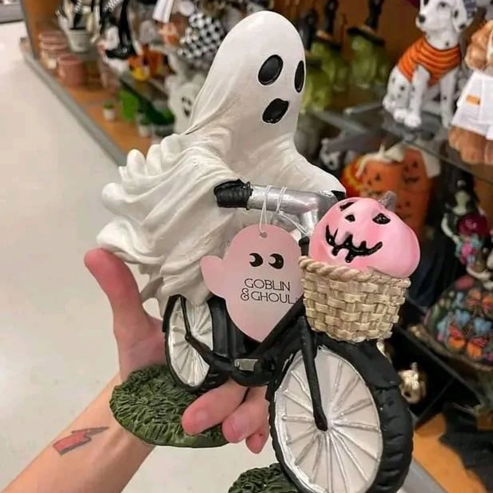 Spooky Ghost Rides with Pumpkin Goblin & Ghoul Ghost on Bicycle Pink Pumpkin Ghost Bike Rider with Pumpkin Halloween Decoration