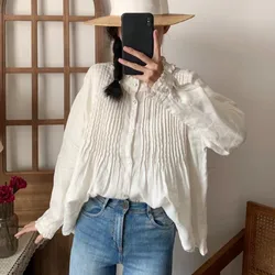 Johnature Summer New Linen Shirts 2024 Ruffles Collar Loose Solid Color Pleated Casual Vintage Loose Women Blouses