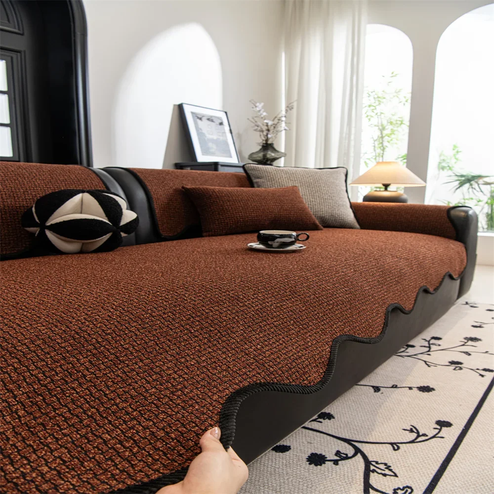 Retro Chenille Sofa Cushion Cover Universal Non-Slip Fixed Straight Row All-Seasons Slipcover for Home Comfort