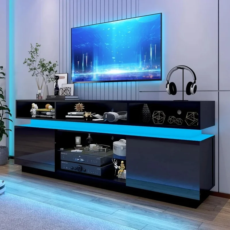 

Modern High Gloss Entertainment Center for 80 Inch TV, Tall LED TV Stand with Storage and Glass Shelf, Gaming Media Console