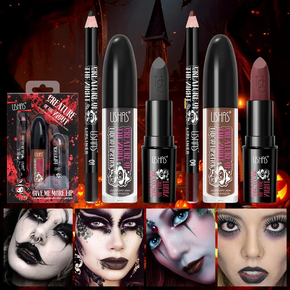 ลิปสติกเนื้อกำมะหยี่แบบแมทติดทนนาน ชุดลิปกลอสกันน้ำ ไม่เลอะ สีชัด ติดทนนาน ชุดแต่งหน้าพร้อมดินสอเขียนขอบปาก สำหรับฮาโลวีน