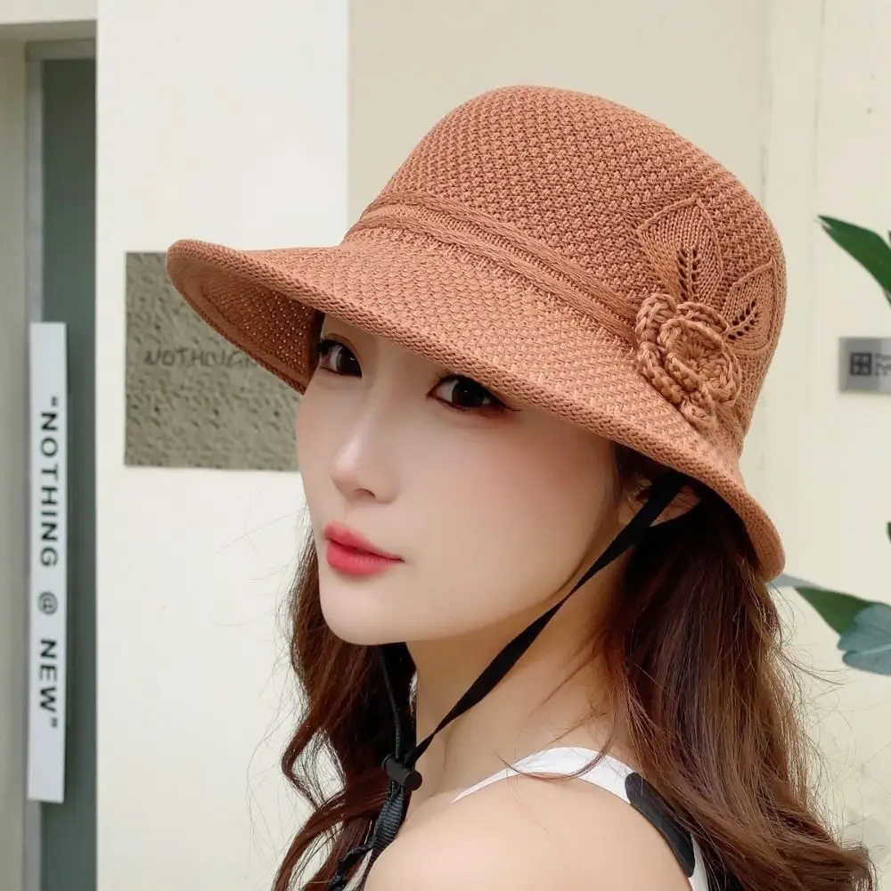 태양 보호 꽃 진주 짠 모자 통기성 접이식 태양 모자 착용하기 편안한 땋은 꽃 직조 양동이 모자 여름