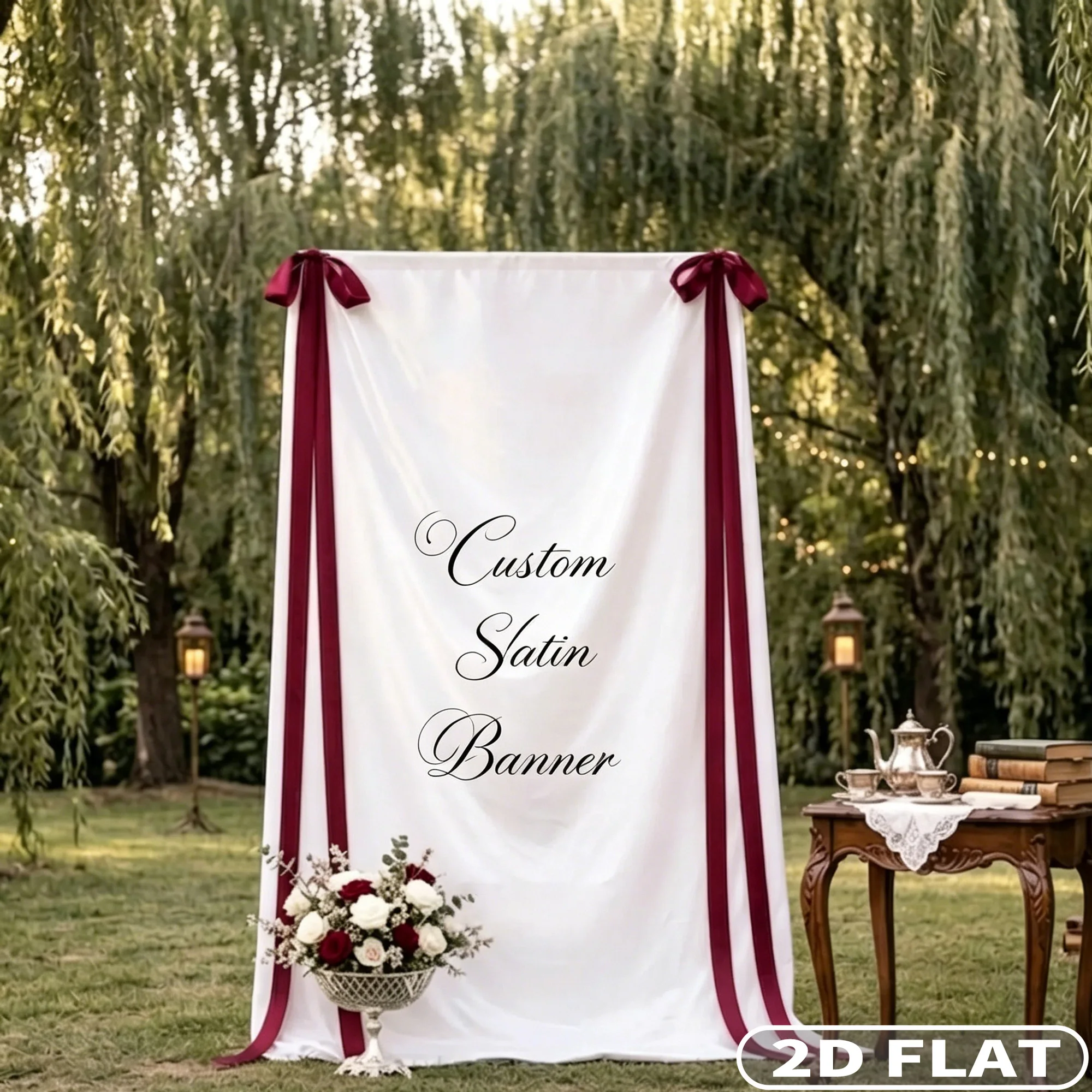 

1pc Custom 2D FLAT Satin 90*200cm Welcome Banner, Wedding Welcome Sign with Red / Black Ribbons- Silky & Flowy Fabric Banner