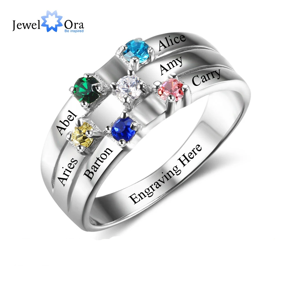 Family & Friendship Ring Engrave Names Custom 6 Birthstone 925 Sterling Silver Rings Gifts For Best Friends (JewelOra RI102508)