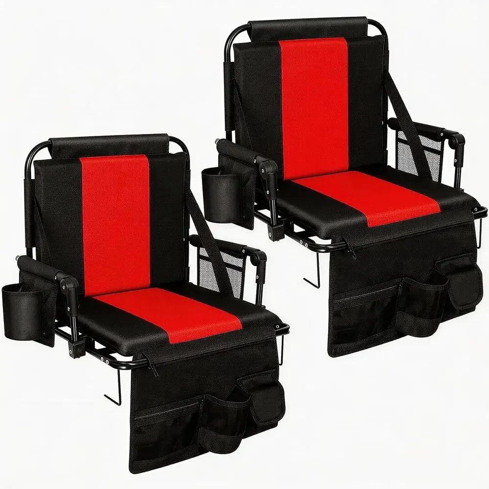 

Portable Stadium Seats with Back Support, Armrests, and Cup Holders - Ideal for Sports Events in Red