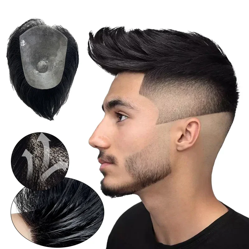 100% Human Hair Full Biological Scalp Prosthesis Toupee Ultra Thin Breathable PU Men Capillary Prothesis Soft Invisible Toppers