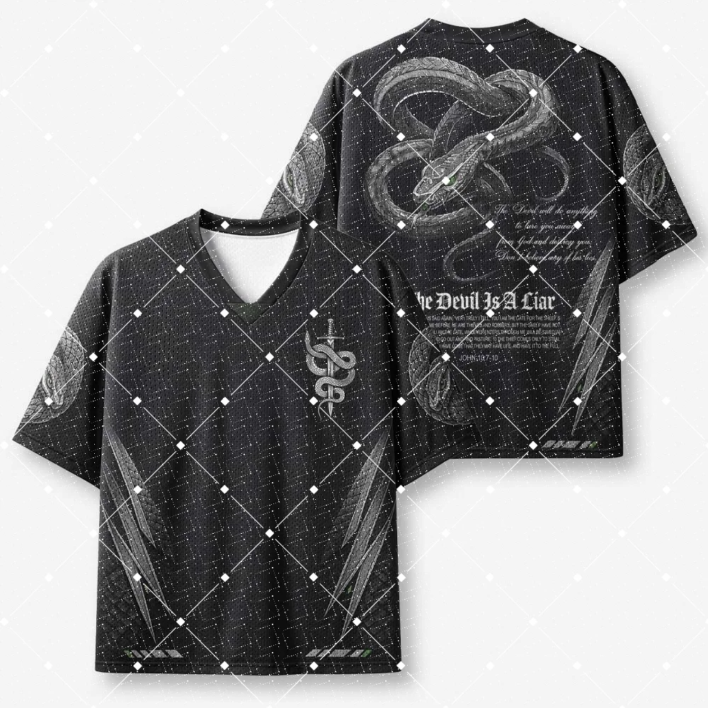 Dark Snake Sword Football Jersey The Devil Is A Liar Bible Verse Print V‑Neck Gothic Black Short Sleeve Sports Tee Top