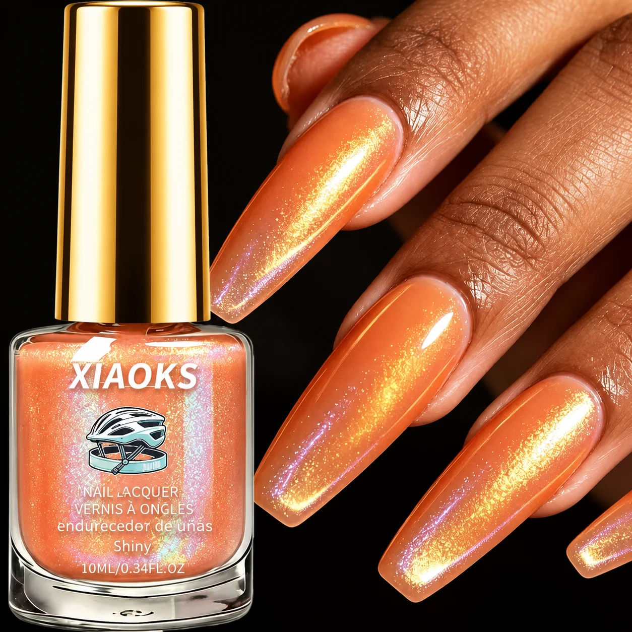 Xiaoks Sunset Orange Mermaid Fine Glitter Nail Polish, Imported from Italy, Uses Mermaid Fine Glitter Powder as the Raw Material, Naturally Air-Dries Without Needing to Be Baked, Sunset Orange Color with Dynamic Mermaid Fine Glitter, Even Color Application, Mirror-Like Shine, Quick-Drying Film Formation, Low Odor, Wear-Resistant and Anti-Peeling, Also Has the Effect of Strengthening and Nourishing Nails, Smoothes Fine Lines on the Nail Surface, Creates an Atmospheric Nail Look, Suitable for Daily Wear, Suitable for Commuting, Leisure, and Everyday Nail Art DIY