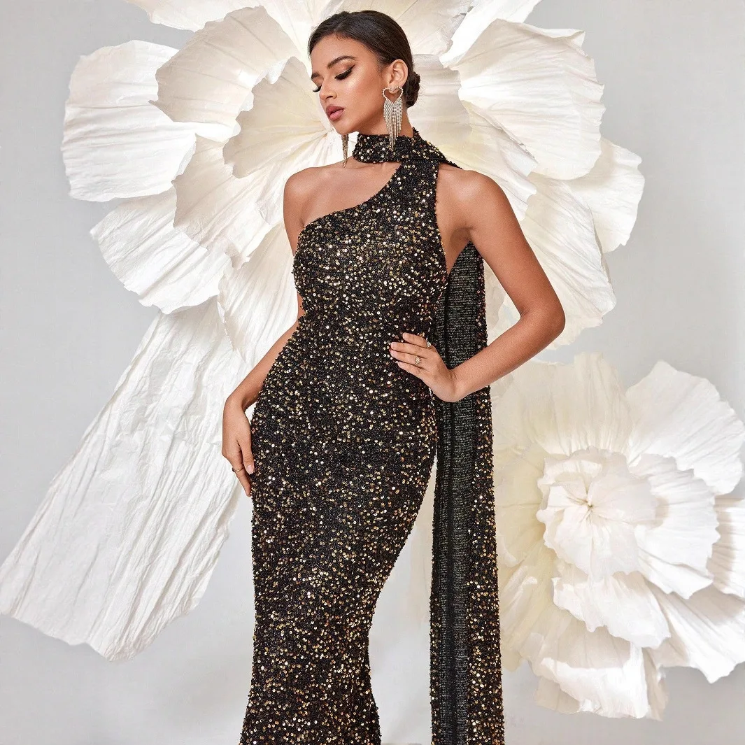 2025 Sequin New Evening Dress Elegant Halter Neck Bodycon Ribbon Slim Long Evening Dress Summer Dress Robe Vestido Women Elegant