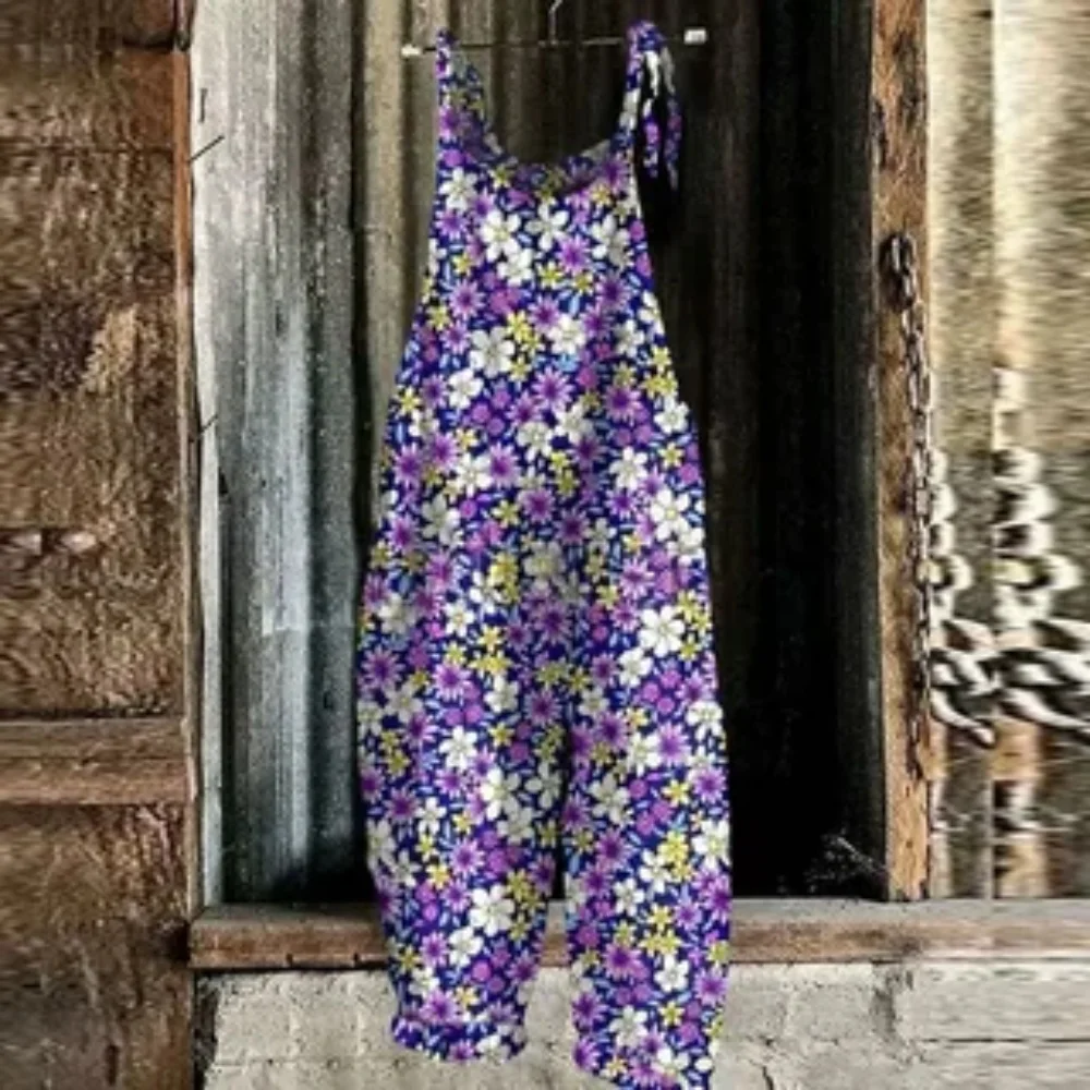 Summer 2025 women's trendy jumpsuit, 3D sunflower print simple and cute loose jumpsuit, adjustable shoulder straps