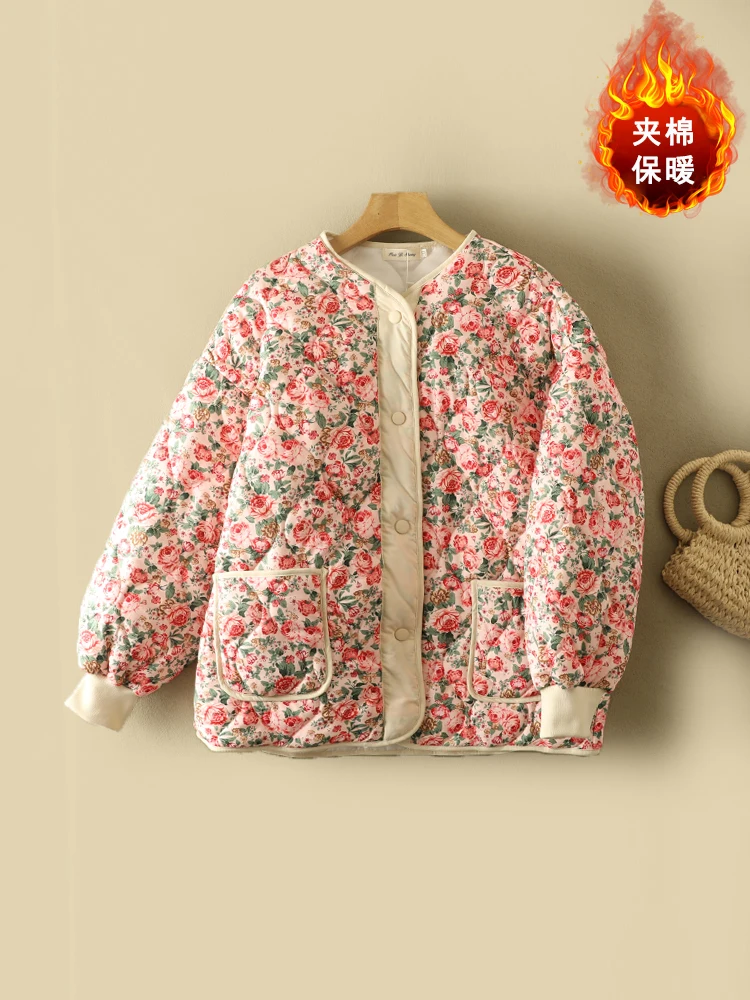 Plus Size Age-Reducing Pastoral Floral Quilted Cotton-Padded Coat Plus size women clothing Chubby Girl Contrast Color Patchwo...