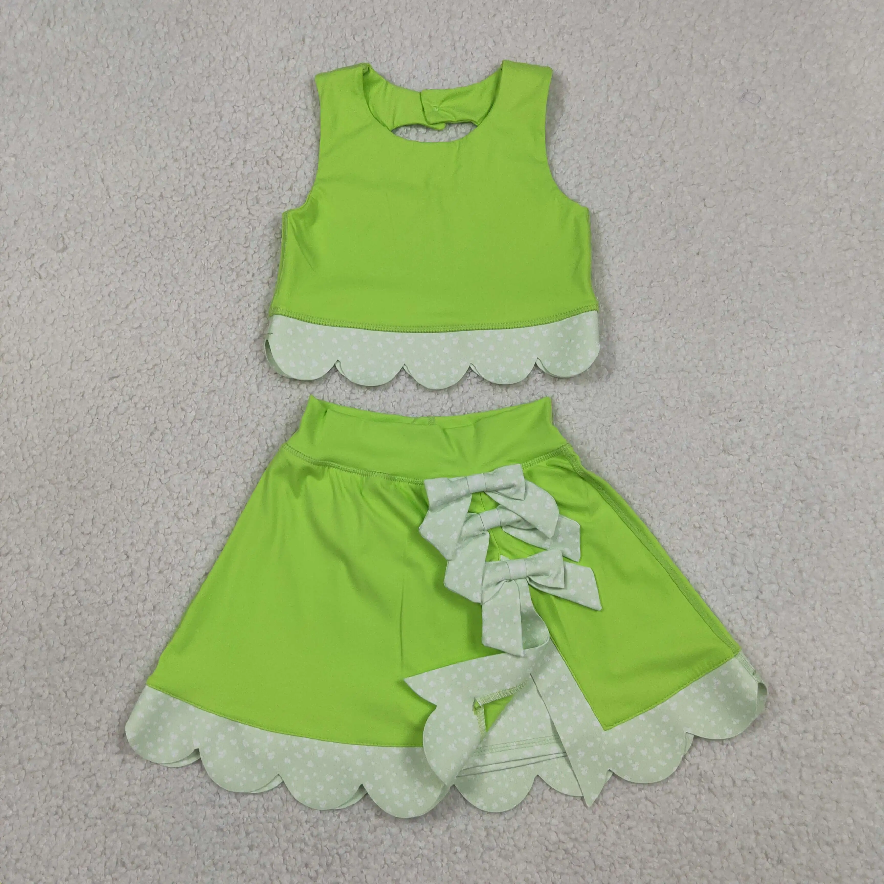Wholesale Baby Girl Yoga Active Clothing Toddler Shirt Bows Ruffle Skirt Shorts Kids Skort Green Set Athletic Summer Clothes