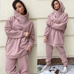 Winter Women's Tracksuit Two Piece Sets Solid Long Sleeve Hooded Running Sports Suit Warm Hoodie Sweatshirts Long Pant