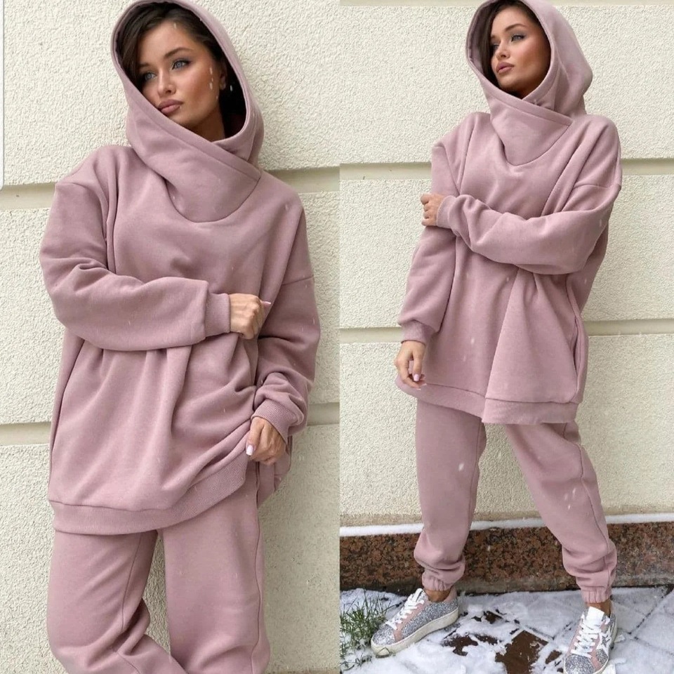  Winter Women's Tracksuit Two Piece Sets Solid Long Sleeve Hooded Running Sports Suit Warm Hoodie Sweatshirts Long Pant