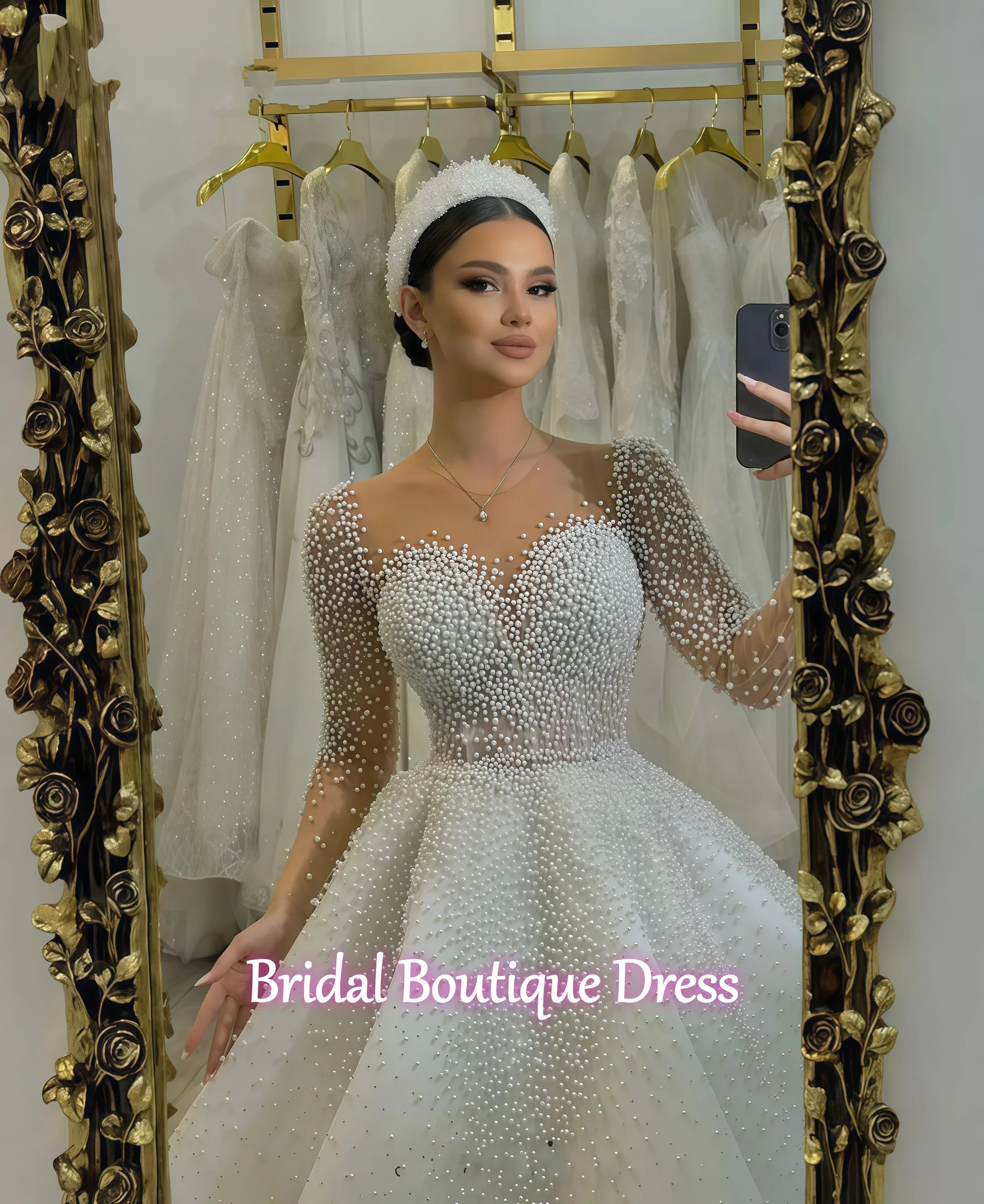 Customized Luxury Sparkly  Pearls A-Line Wedding Dress Sweep Train Illusion Long Sleeves Robe  Bridal Gown Vestido De Noiva