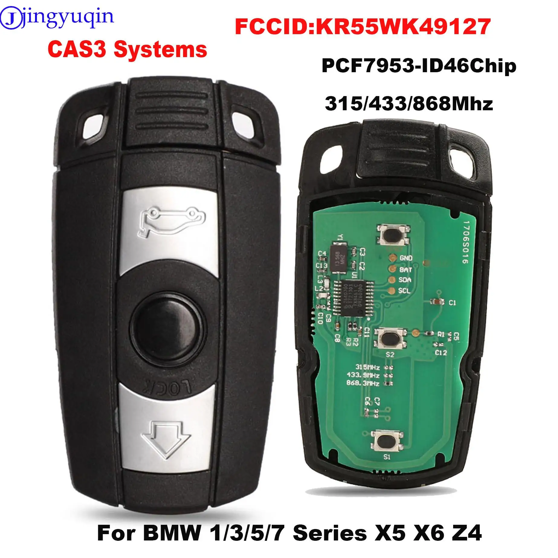 

jingyuqin 315/433/868Mhz Car Remote Smart Key For BMW 1/3/5/7 Series X5 X6 Z4 CAS3 Systems KR55WK49127 PCF7953/ID46 Chip