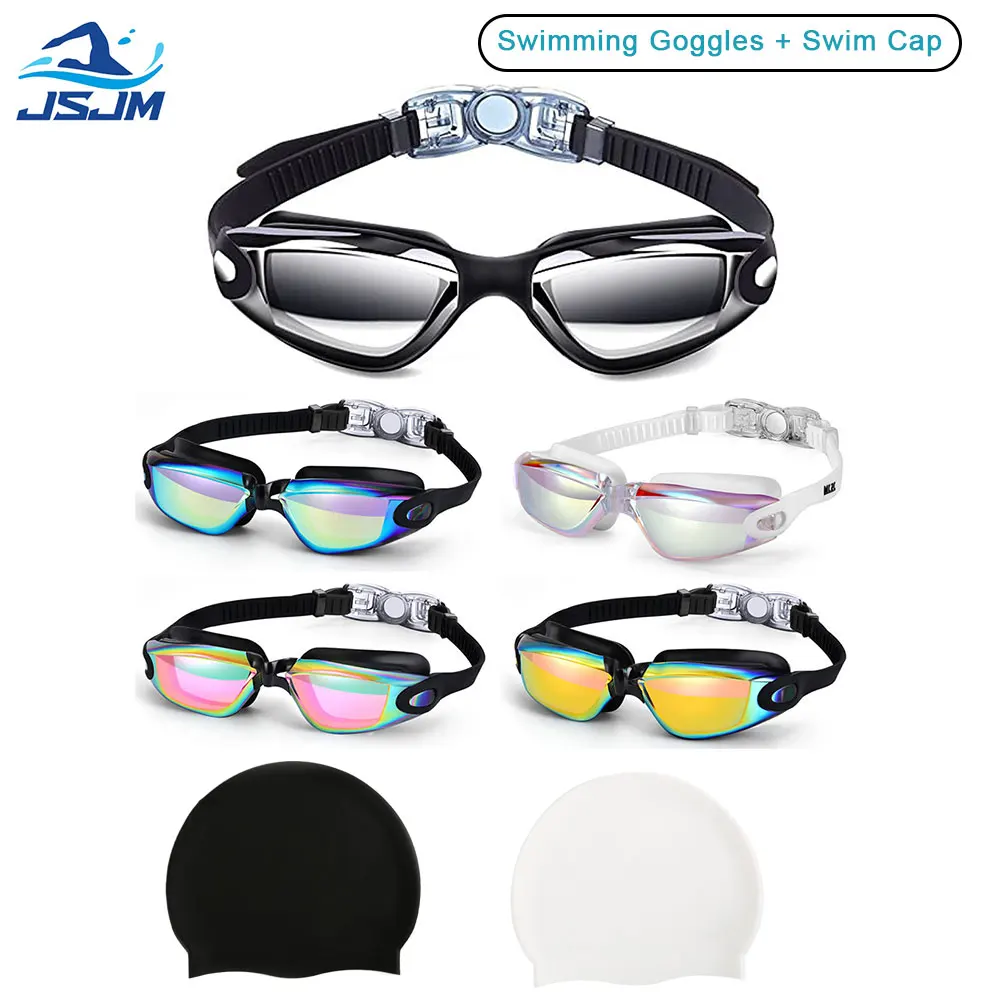 JSJM Professionelle Unisex-Schwimmbrille mit beschlagfreiem, UV-Schutz und wasserdichtem Design + Badekappe für Erwachsene – für Männer und Frauen
