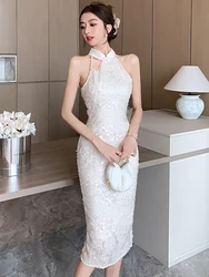 White Jacquard Sequins Chic Beading Neck-mounted Dress Women Summer Elegant Luxury Evening Dress 2024 Korean Vintage Party Dress