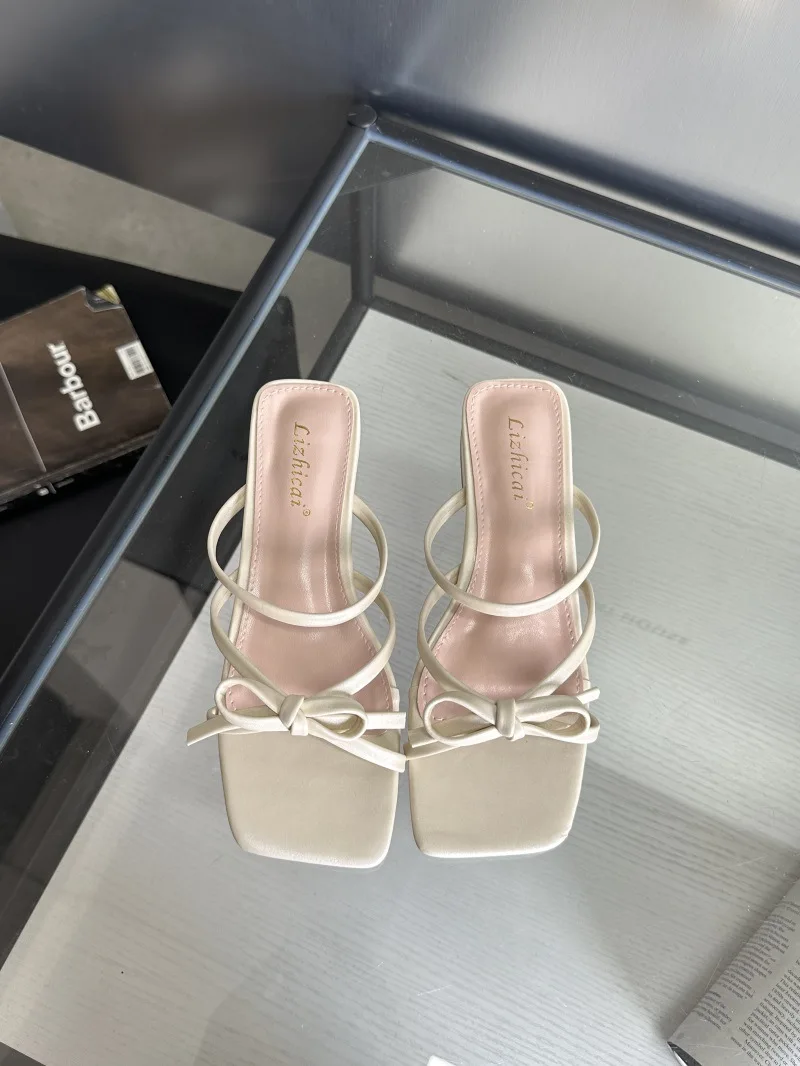 2024 Summer Retro Woman Shoes Beige Heeled Sandals Mid-Calf Strap Original Black New High Low Fashion Bow Silver Girls Outside C