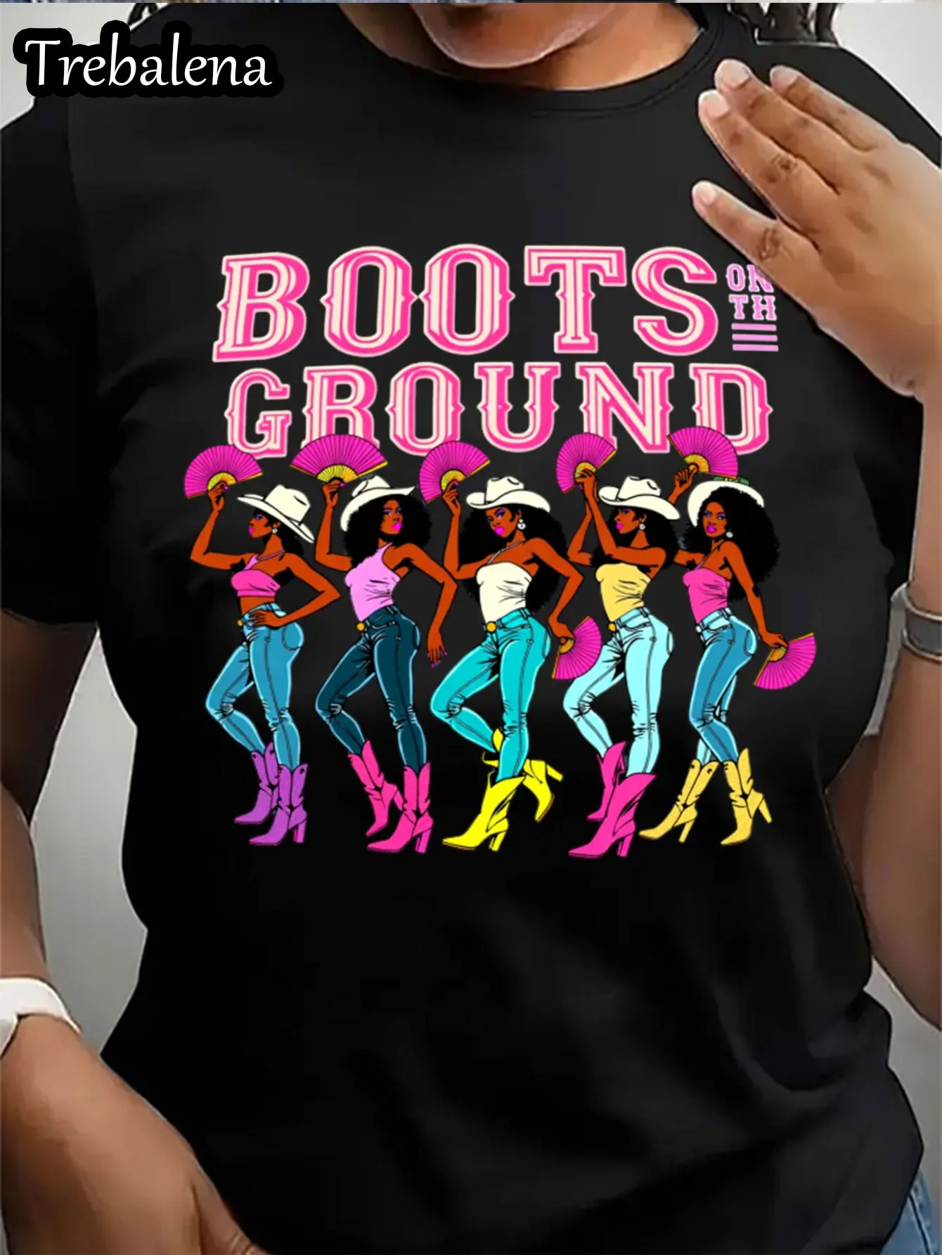 Plus Size Women's T-shirt Boots on the Ground Cowgirl Graphic Tee with Retro Boot and Hat Design Casual Summer Wear for Women