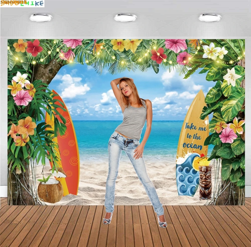 

Summer Tropical Beach Photography Backdrops Hawaii Aloha Coconut Tree Seaside Surfboard Holiday Party Birthday Background FG-01