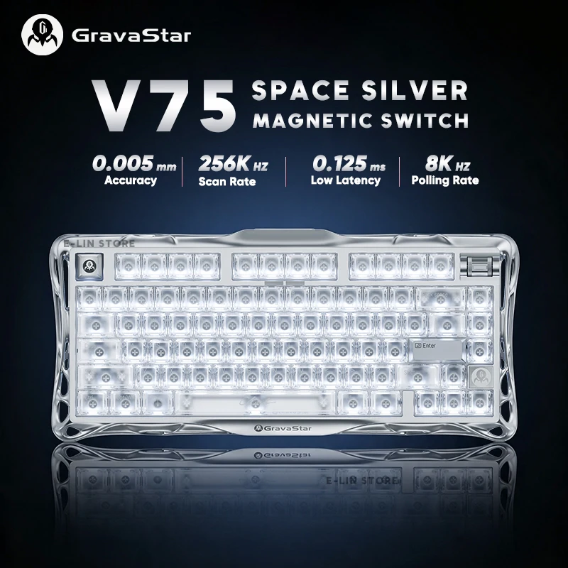 Gravastar Mercury V75 Space Silver Magnetic Mechanical Keyboard 75% Rapid Trigger 0.005mm 0.125ms 8KHz Hotswap Gamer Keyboard