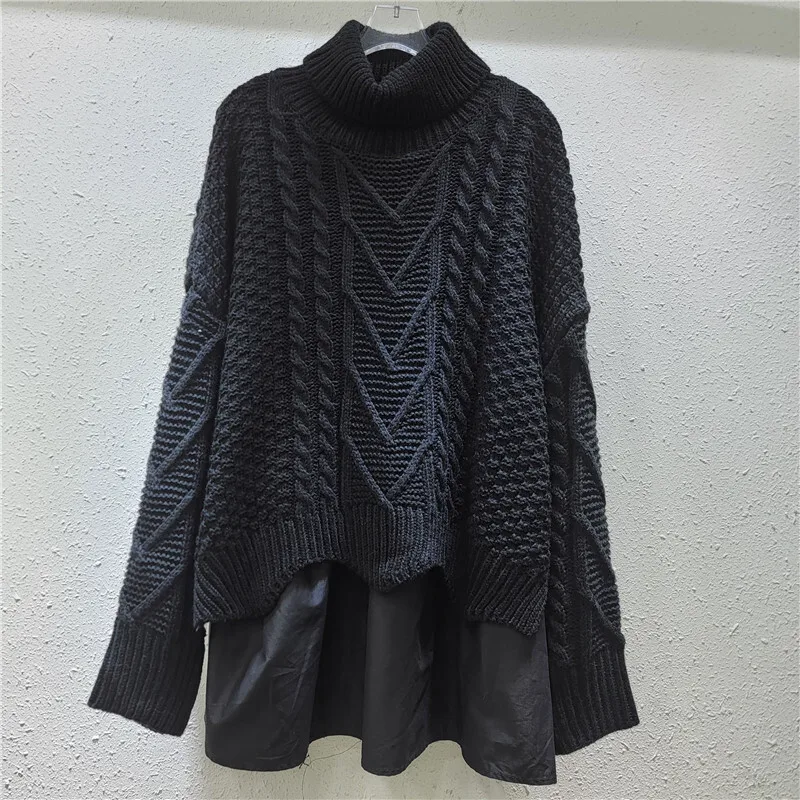 [ZOCI] French High Neck Sweater Women Autumn Winter New Loose Thick Knit Sweater, Spliced Mid Length Doll Shirt