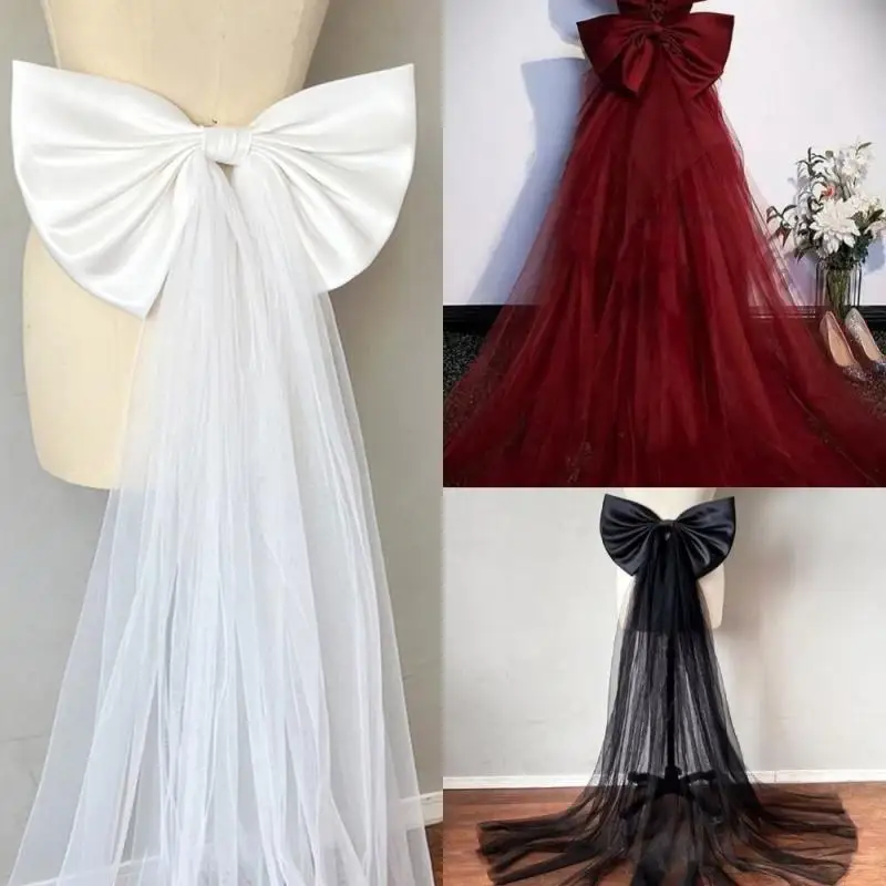 Elegante destacável cetim tule arco vestido de casamento decorações vestido feminino cinto de noiva grande arco de cetim nós acessórios