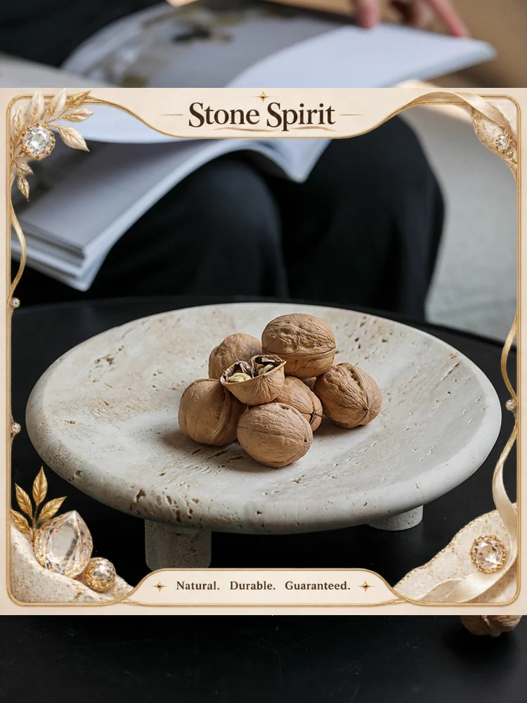Wabi Sabi Marble Reception Tray Decorative Fruit Bowl Table Decor Vintage Travertine Stone Jewelry Perfume Plate with Three-legs