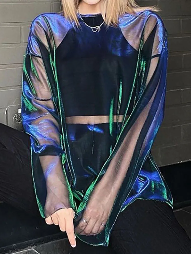 

Solid See Through Tshirt Women Sexy Tops O-Neck Long Sleeve T Shirt For Women Clothing Club Y2k Aesthetic Egirl Tees