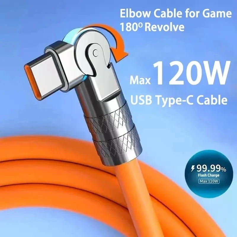 120W Fast Charge USB Type C Cable 180 Degree Rotation Elbow Cable for Game for Xiaomi Redmi Honor Phone Charger USB C Cable